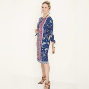 Chicos Medallion Print Tie Sleeve Dress Size 3 US XL 3/4 Tie Sleeves Stretch